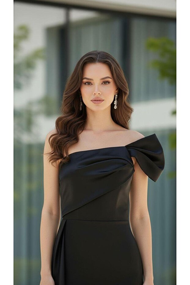 Siyah Tek Omuz Krep Abiye - 3