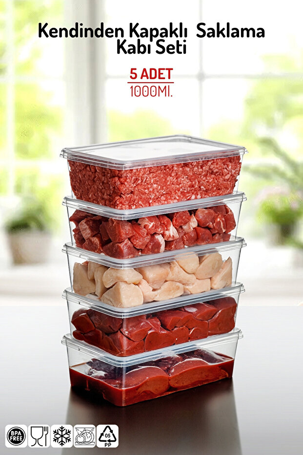 5 Pieces with Self-Closing Lid 1Lt. Storage Container Set - Suitable for Freezer Use - 1