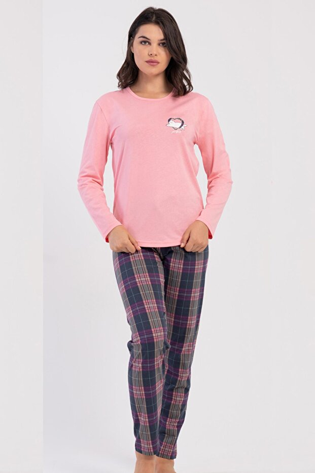 Women's Pink Long Sleeve Crew Neck Plaid Bottom Pajama Set C2T2N2305