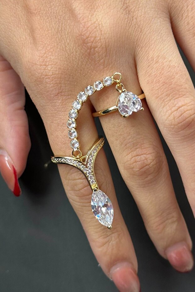 Gold Color Stone Detailed Adjustable Double Steel Ring