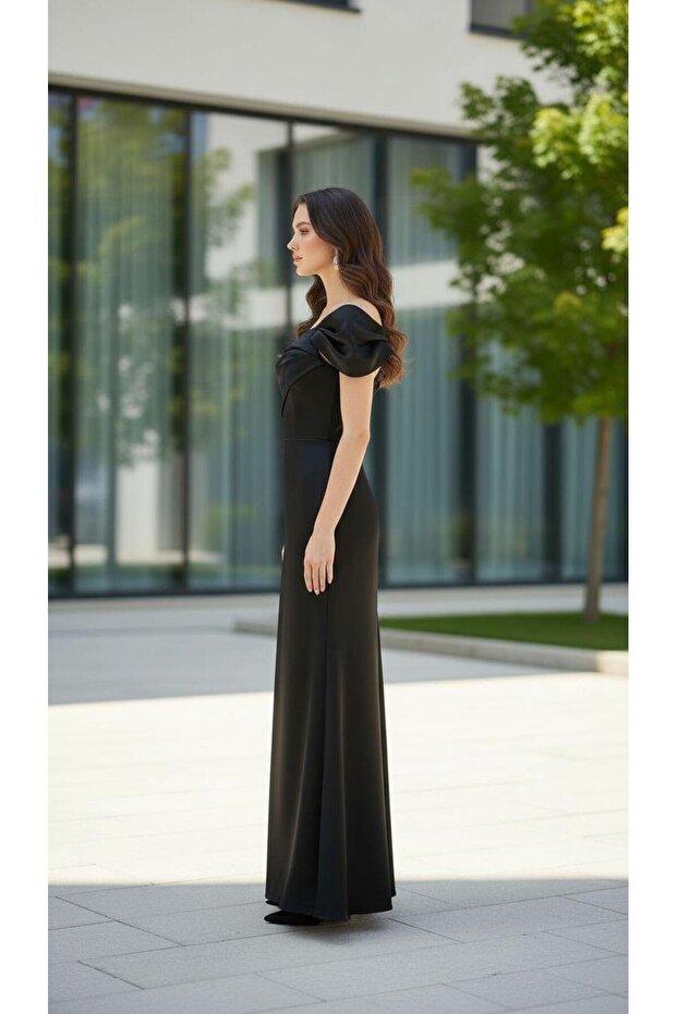 Siyah Tek Omuz Krep Abiye - 4