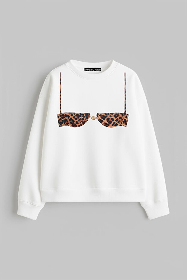 Leopard Tiny Bikini Printed Hoodless Relaxed Fit Women's White Sweatshirt