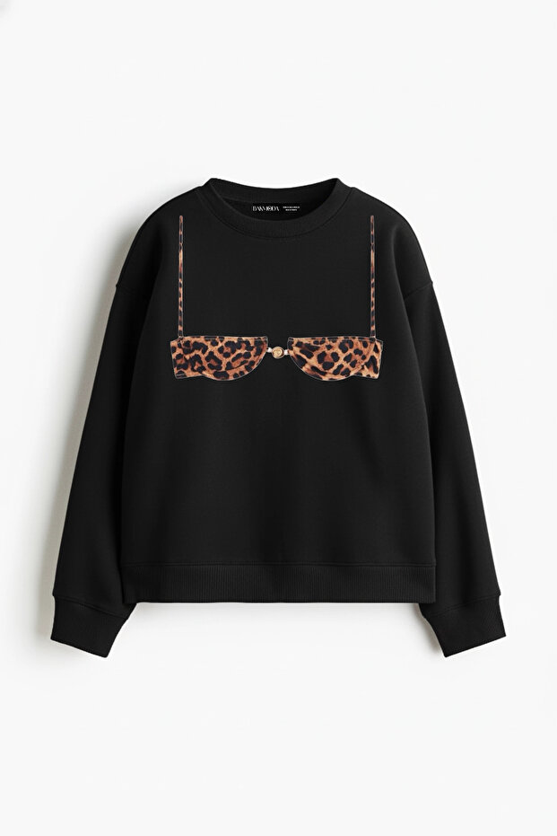 سويت شيرت نسائي أسود بدون قلنسوة من Leopard Tiny Bikini مطبوع قصة مريحة