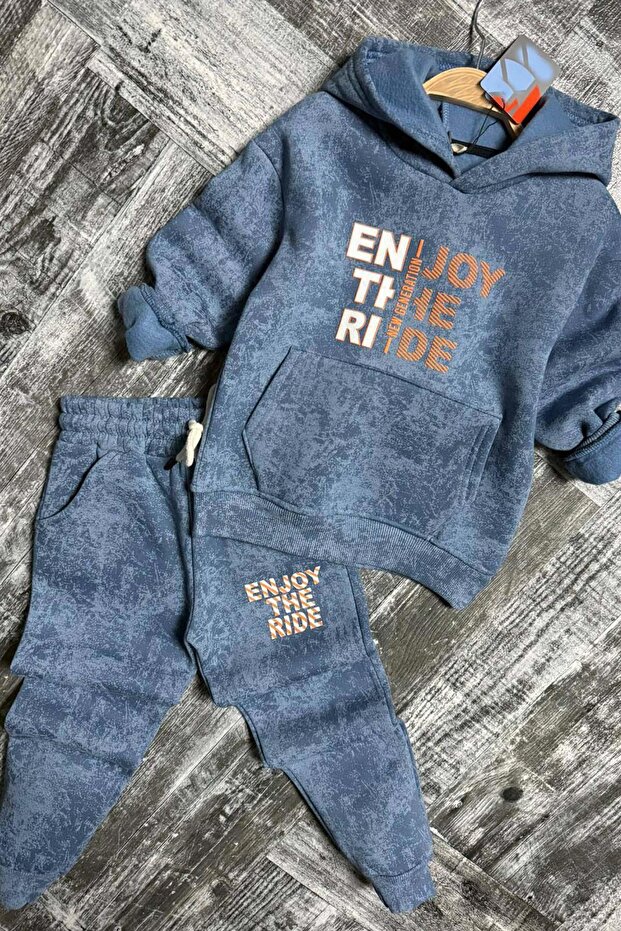 Boy's Enjoy the Mold Printed Hooded Sweatshirt Blue Tracksuit Set