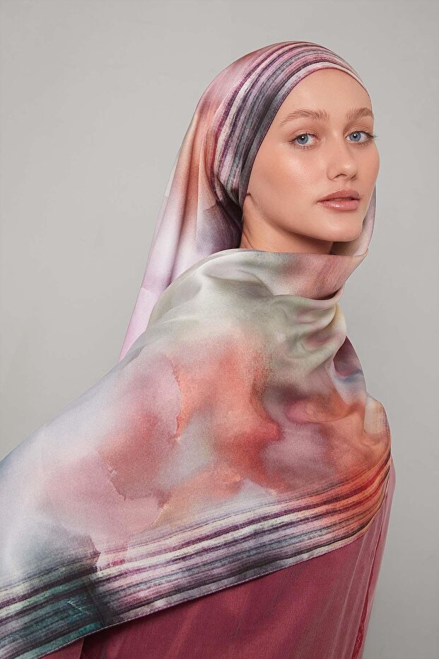 Pembe Ebruli Desen Twill Şal - 1