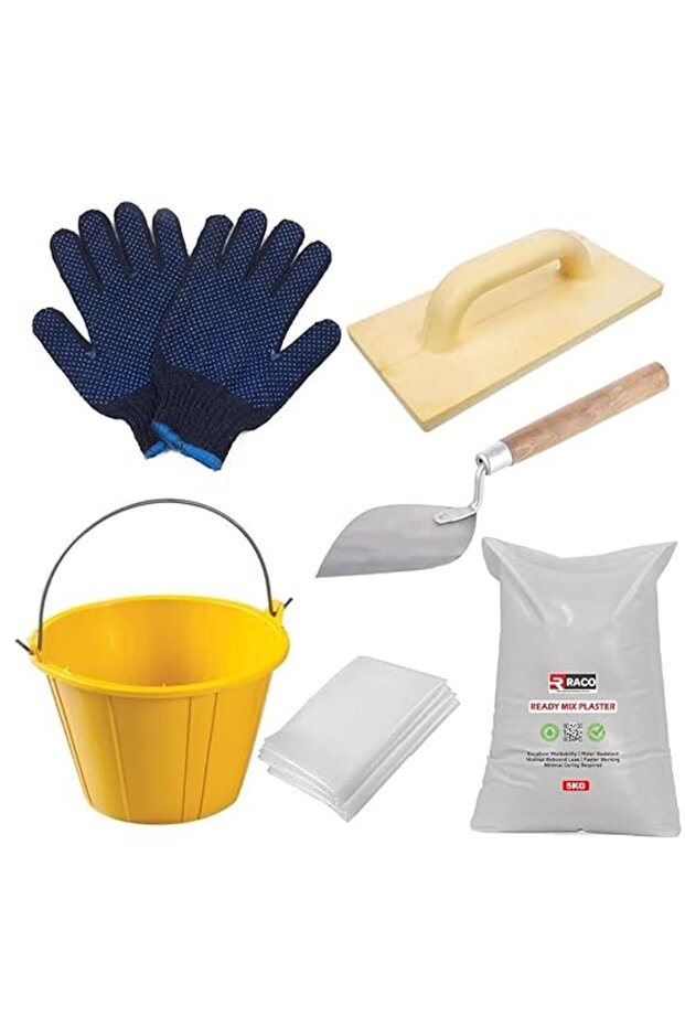 Ready Mix Plaster DIY Kit (5 KG) - Instant Cement Mix with PVC Bucket, Trowel, Gloves & Polythe