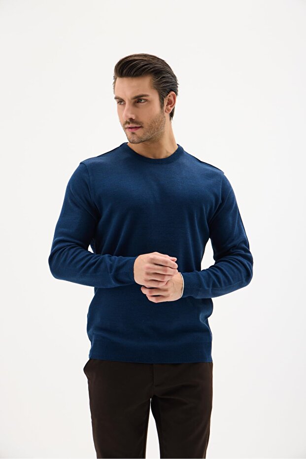 Erkek Bisiklet Yaka Yün Kazak Kışlık Şık Sıcak ve Yumuşak Triko Indigo L - 7