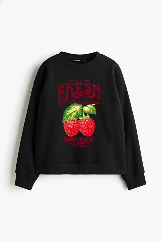 سويت شيرت نسائي أسود من Fresh Raspberry مطبوع بدون قلنسوة قصة مريحة