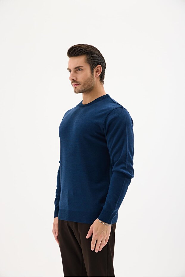 Erkek Bisiklet Yaka Yün Kazak Kışlık Şık Sıcak ve Yumuşak Triko Indigo L - 3