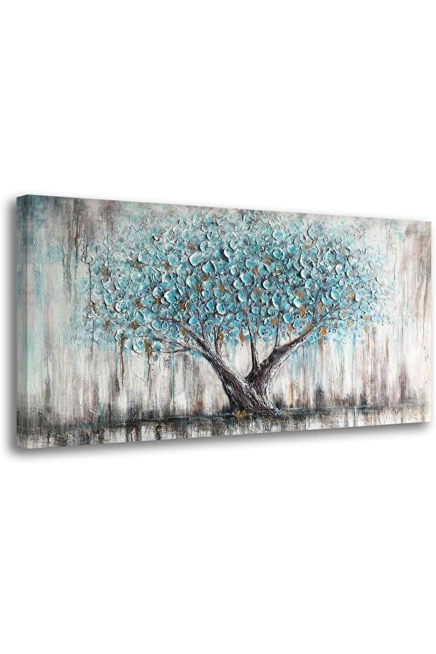Modern Wall Art Teal Blue Nature Tree of Life Abstract Canvas Painting Textured Picture 60x120 cm