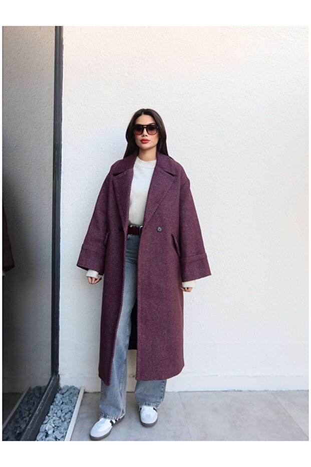 Herringbone Pattern Pocketed Long Coat