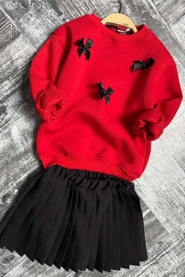 Girl's Ribbon Detailed 3 Thread Sweater Pleated Black Skirt Set