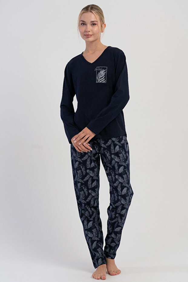 Women's Plus Size Navy Blue Long Sleeve V-Neck Patterned Pajama Set C1T7N1305