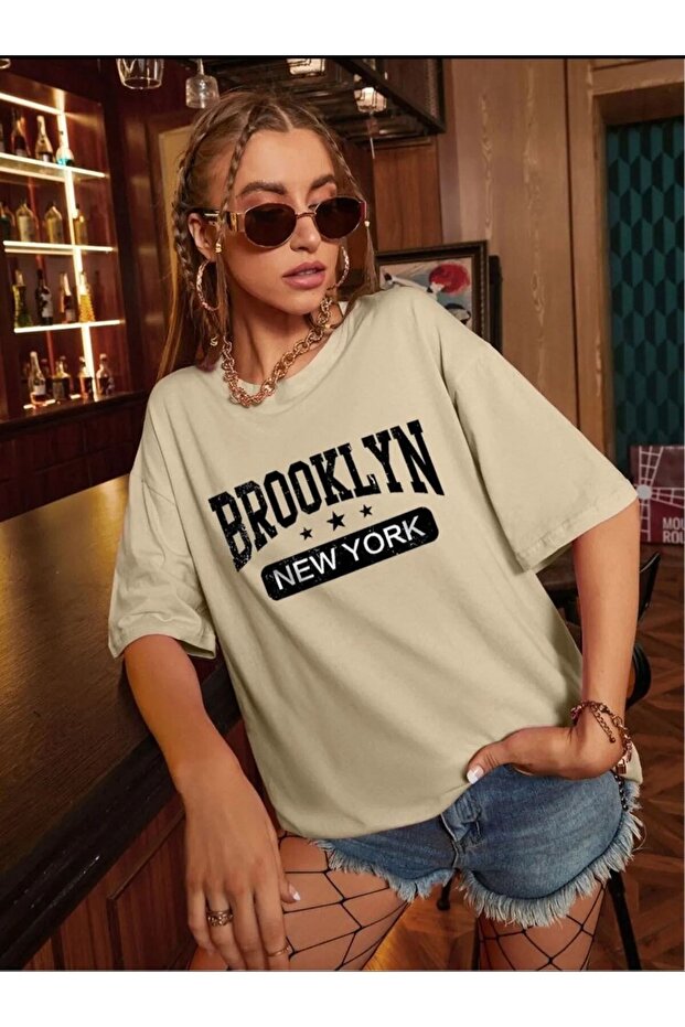 Beige Brooklyn Printed Oversize Unisex T-shirt
