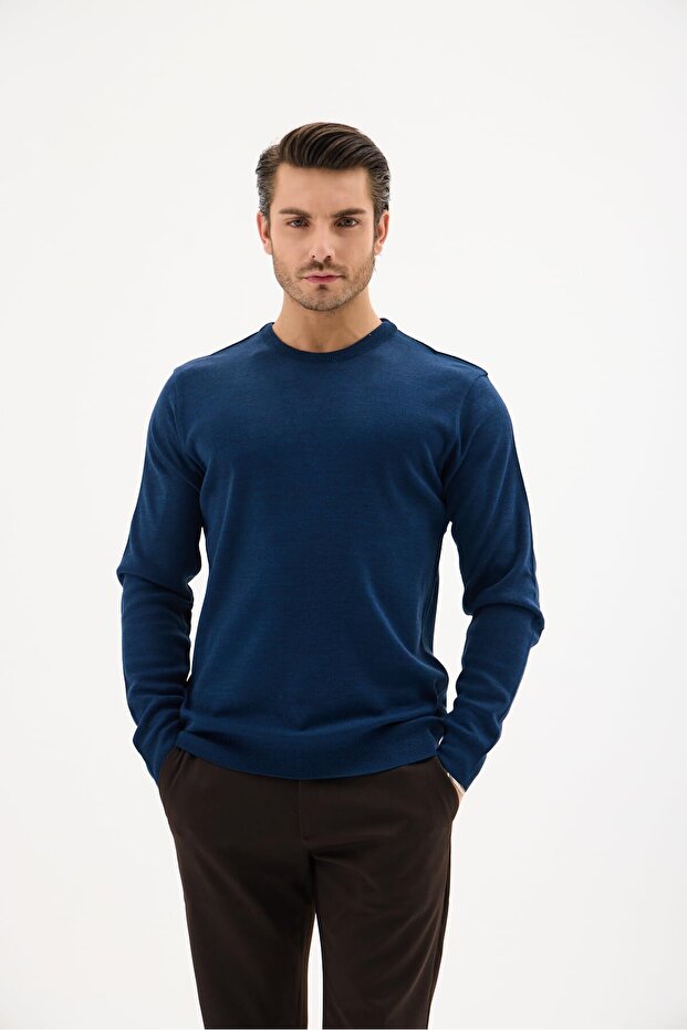 Erkek Bisiklet Yaka Yün Kazak Kışlık Şık Sıcak ve Yumuşak Triko Indigo L - 5