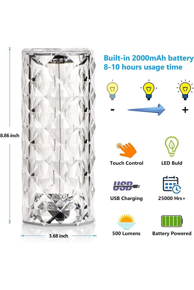 Crystal Table Lamp, Rose Diamond LED Touch Lamp, 16-Color RGB Remote, USB Rechargeable - 4