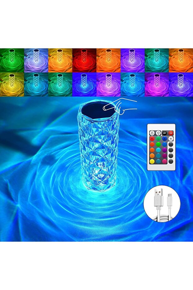 Crystal Table Lamp, Rose Diamond LED Touch Lamp, 16-Color RGB Remote, USB Rechargeable - 1