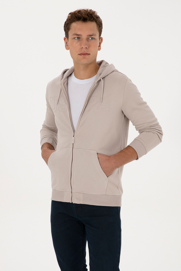 Men's Regular Fit Zippered Hooded Stone Knitted Cardigan 50313719-Vr049