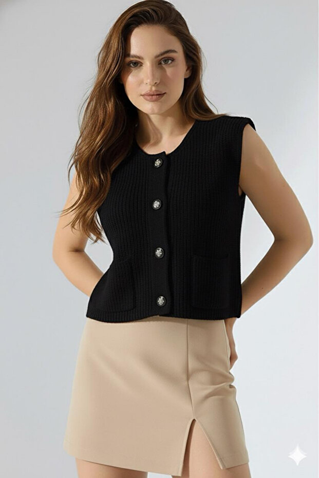 Women's Black Sleeveless Buttoned Knit Vest – Comfortable Casual Model with Pockets