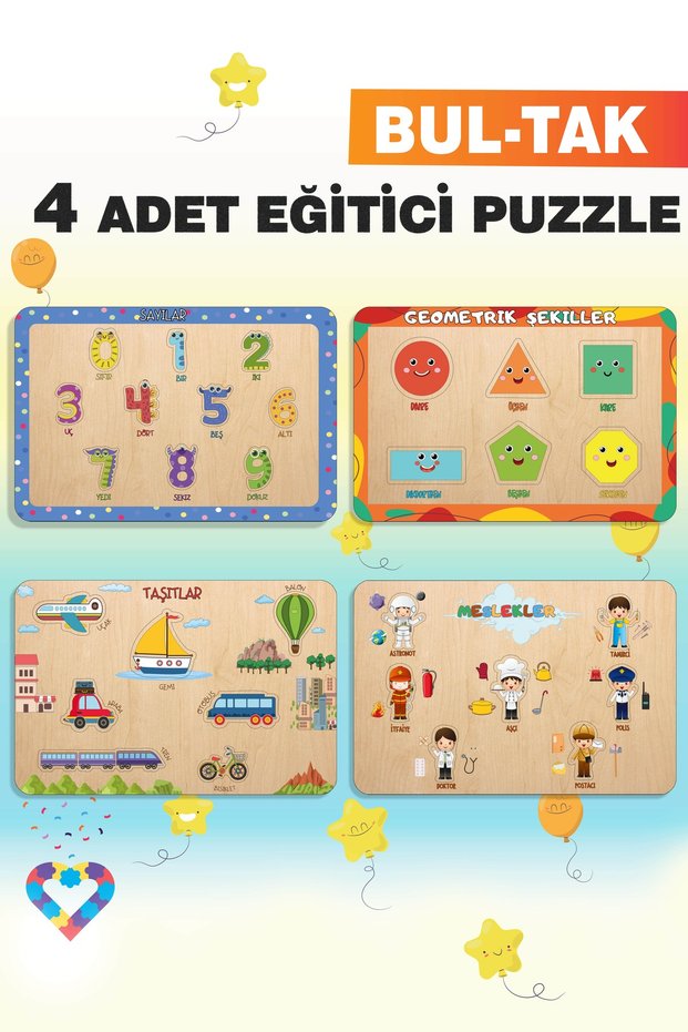 Wooden Turkish Set of 4 Educational-Pedagogical Puzzles