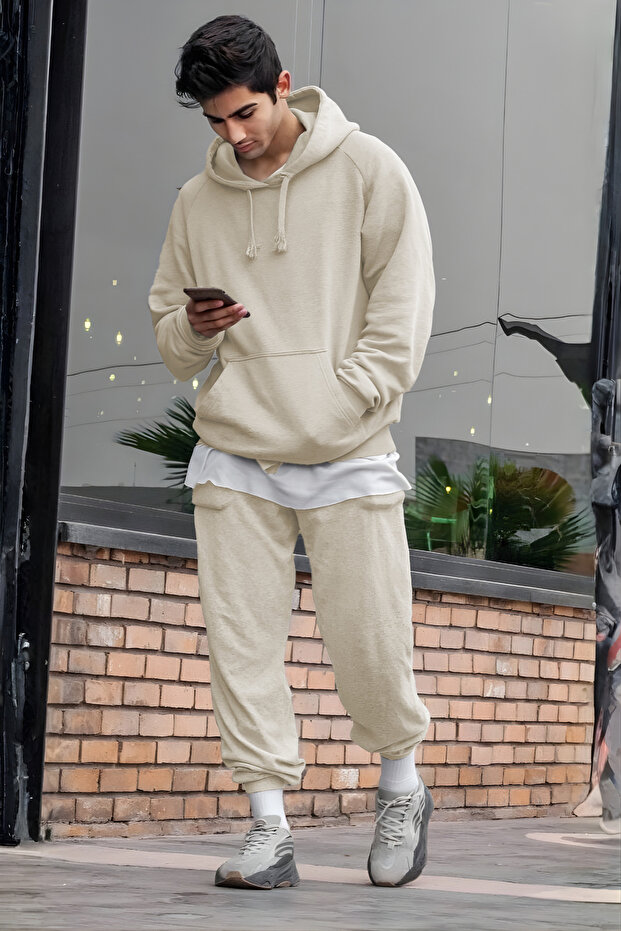 Men's Oversized 3-Thread Ş Fleece-Lined Basic Tracksuit Set