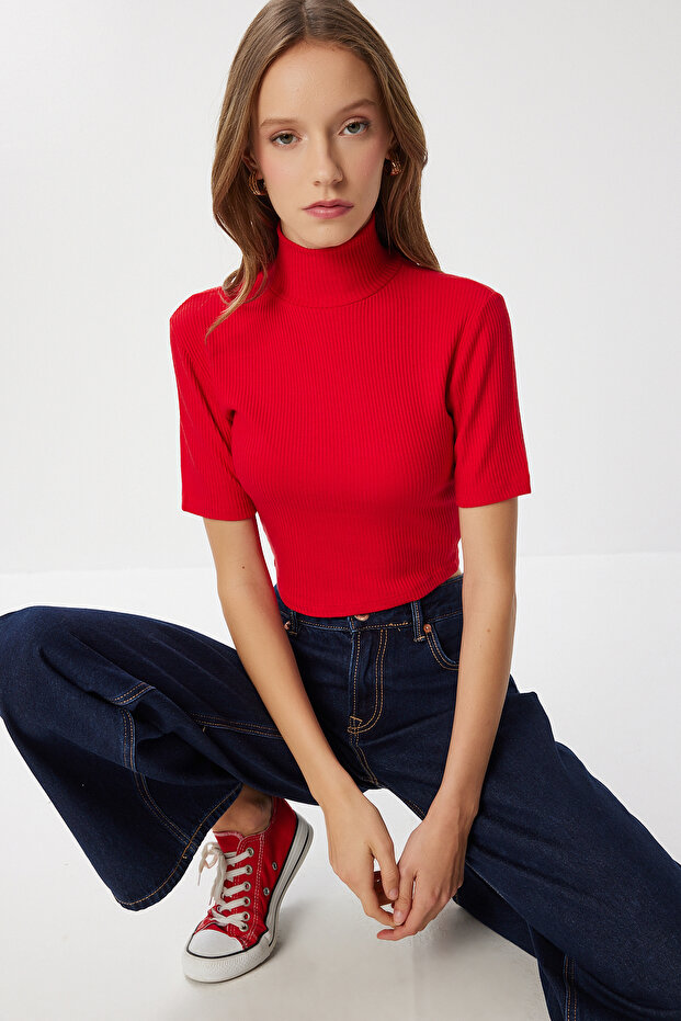 Mock Neck Crop Corded Fabric Knitted Blouse Lub0295 Red