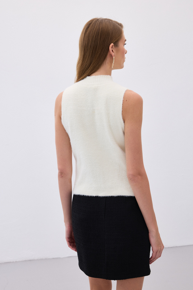 Sıfır Kol Sakallı Triko Bluz - Ekru - 9