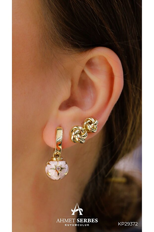 Pembe Mineli Top Küpe - 1