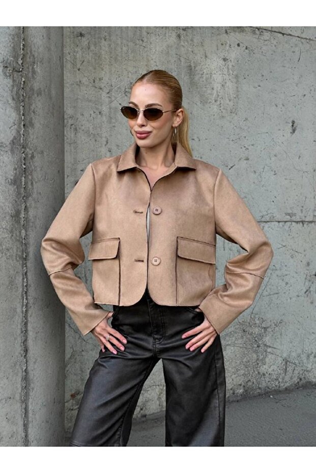 Sevunera Suede Fabric Earth Color Jacket with Button and Pocket Detail