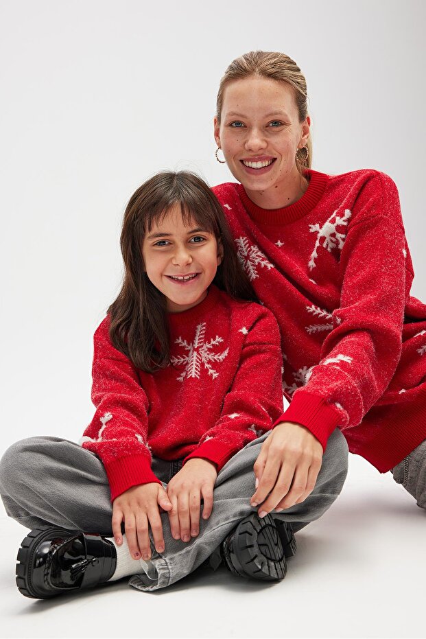 Snowflake Kartanesi Desenli Unisex Yılbaşı Kazağı - Kırmızı - 7