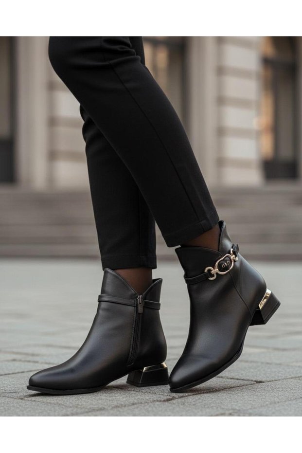 Women's Black Leather Buckle 3 cm Heeled Waterproof Short Boots Nk1154