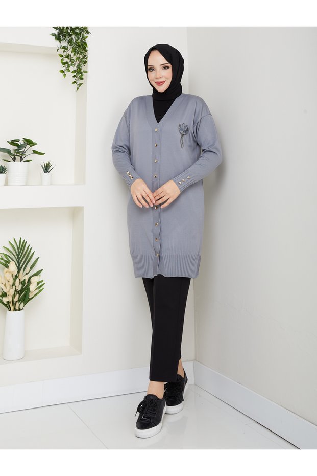 Women's Long Sleeve Knit Cardigan with Stone Detail on the Chest and Buttons