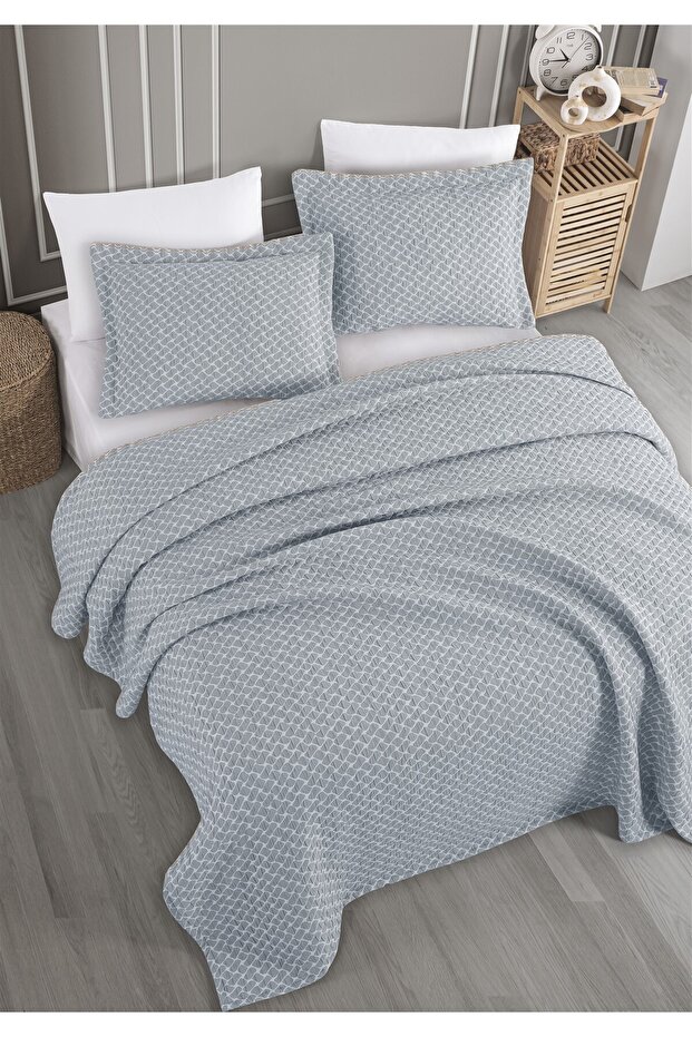 طقم غطاء سرير من قماش الجاكار الحجري مزدوج اللون نيلي مقاس 230×240 سم