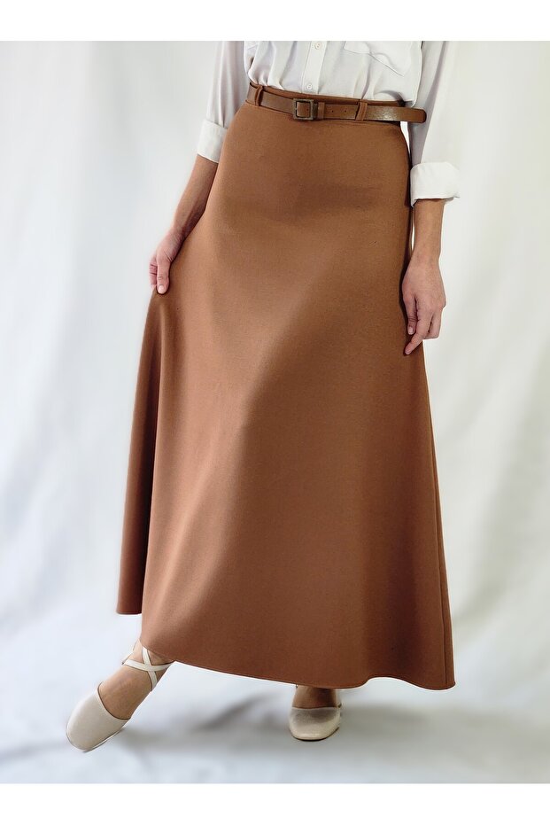 Belt Detail Maxi Size Loose Camel Woven Skirt