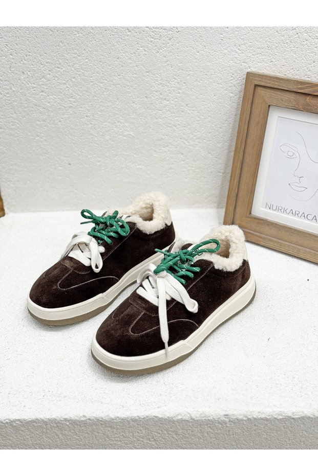 26K372-2 Double Lace-Up Fur Lined Genuine Leather Sneaker Sports Shoes for Women
