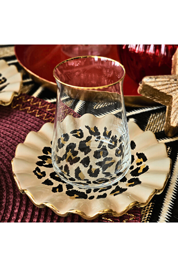 Glore Leopar Wavy Altın Yaldızlı Çay Bardağı Seti - 1