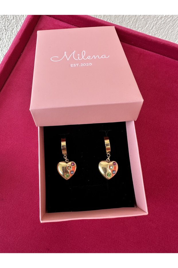 Milena Istanbul Colorful Stone Steel Heart Earrings