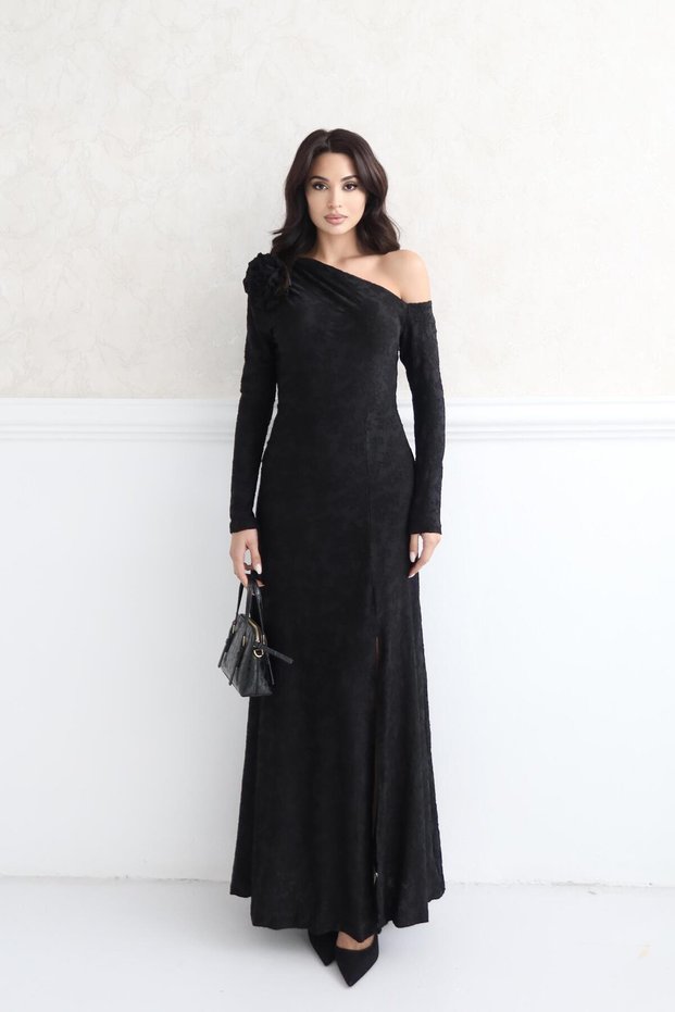 Black Floral Detailed One Shoulder Dress