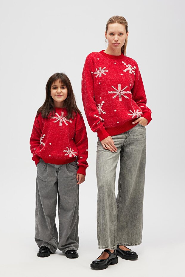 Snowflake Kartanesi Desenli Unisex Yılbaşı Kazağı - Kırmızı - 6