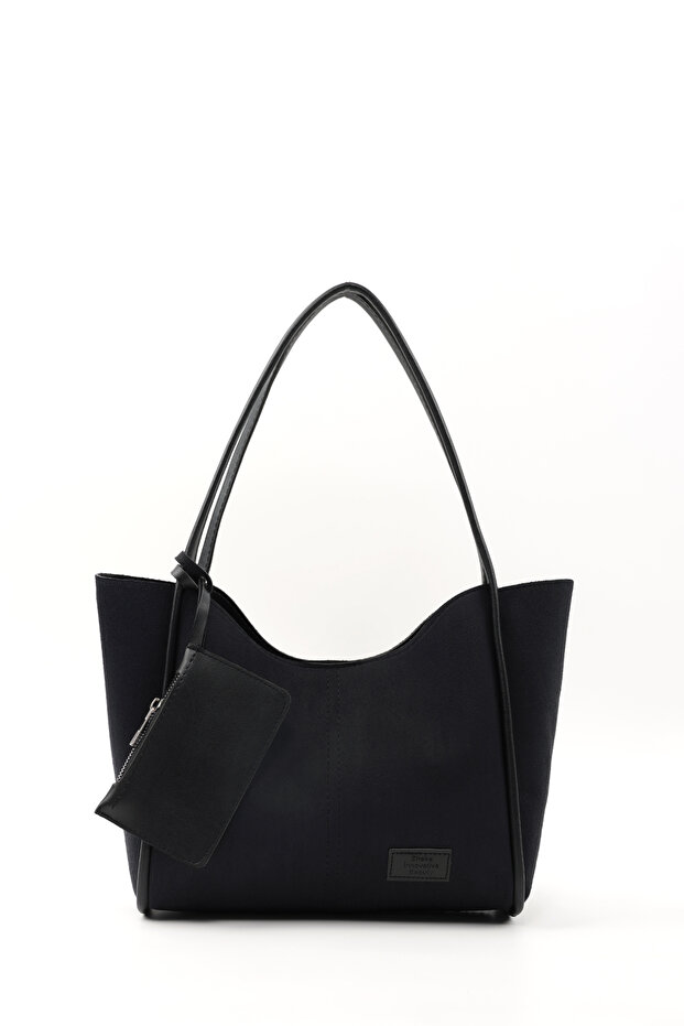 Black Suede Shk108 Women's Hand and Shoulder Bag with Snap Fasteners, Faux Leather Wallet and Makeup Bag