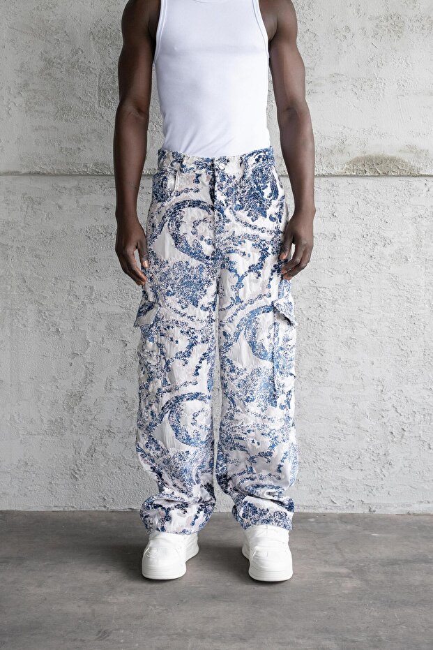 Patterned Jacquard Pants Blue - 1