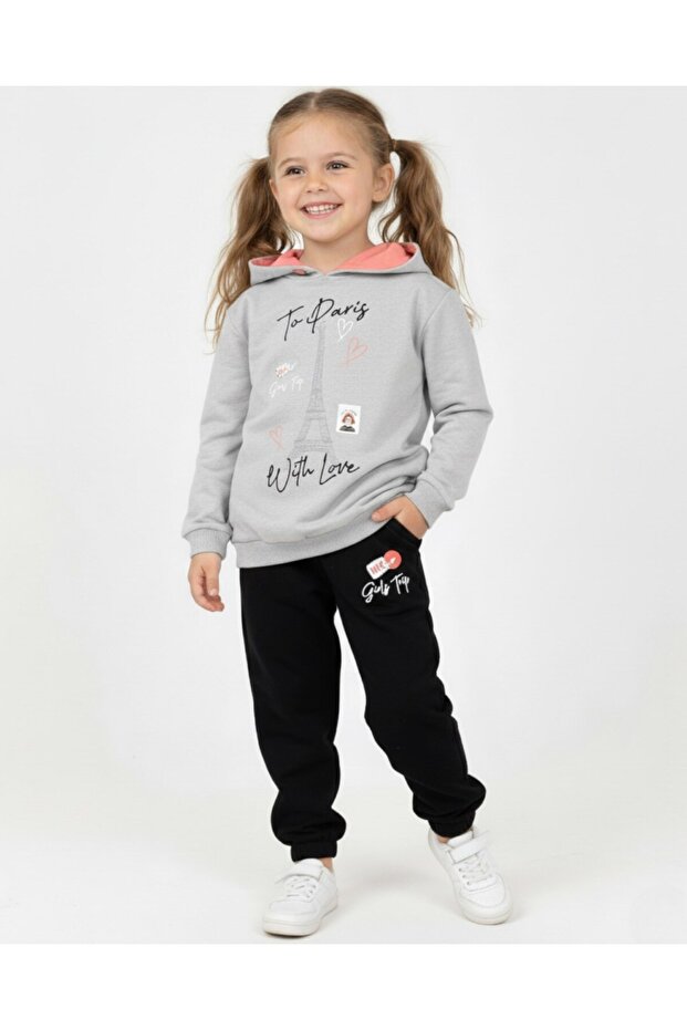 Girl Child 6-7-8-9-10 Years Old Transitional Hooded Paris Printed Bottom Top Tracksuit Set