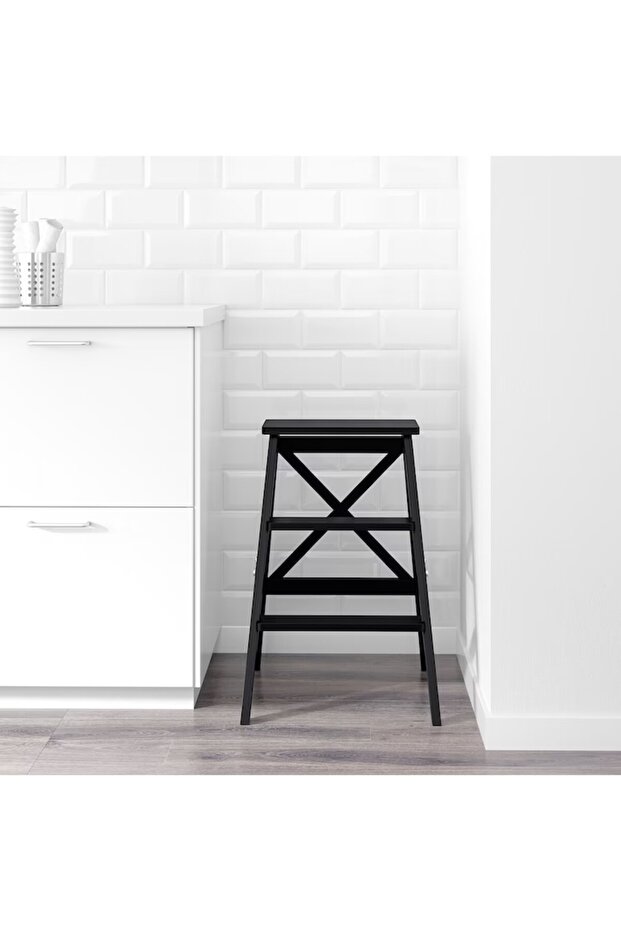 Solid wood high stool, 3 steps, height 63 cm, black, foldable - 2