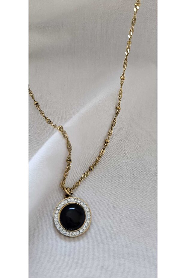 Stainless Steel Chain Zircon Inlays Black Stone Necklace