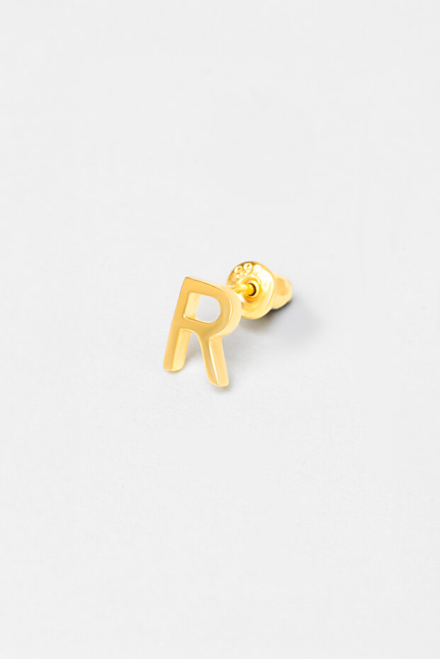 My Story R Harfi 18 Ayar Sarı Altın Kaplama Gümüş Tek Küpe - 1