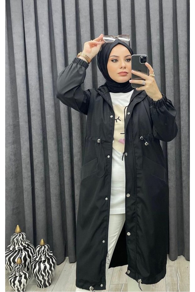 Women's Waist Elastic Detailed Hidden Zipper Hooded Trench Coat