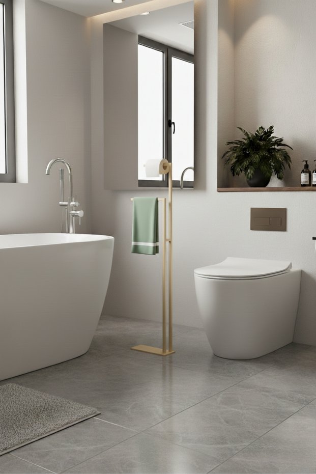 Modern Metal Design Pedestal Bathroom Hanger and Toilet Paper Holder Set 105X25X15
