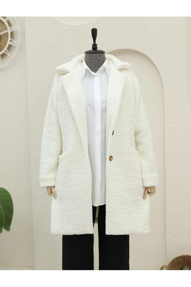 Buttoned Lined Plush Coat with Side Pockets - Light Mink
