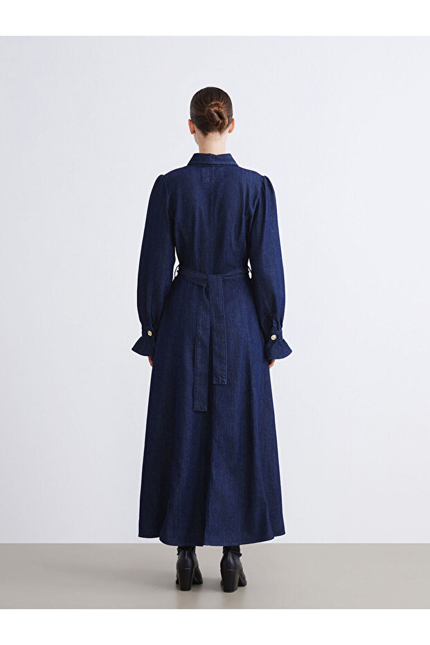 Kuşaklı Jean Gömlek Elbise - 5