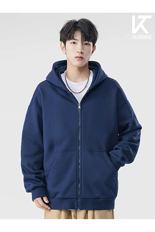 Unisex Kangaroo Pocket Oversize Hooded Zippered Sweatshirt / Cardigan